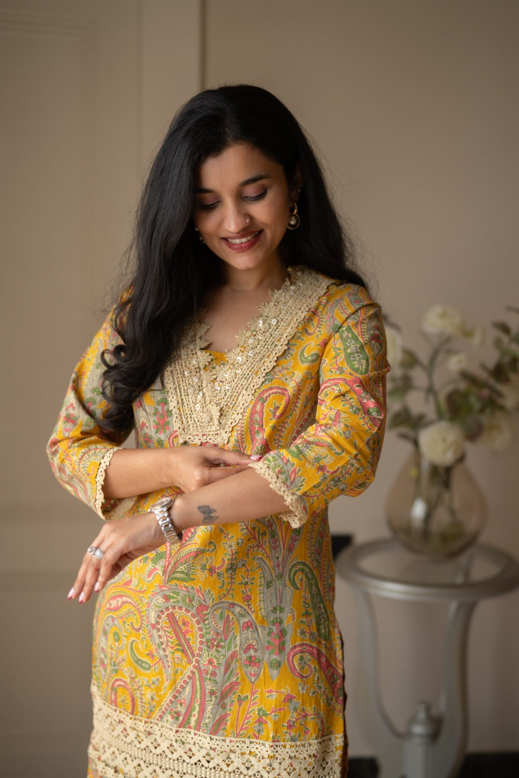 Nitara Farshi Lace Coord Set- Mustard