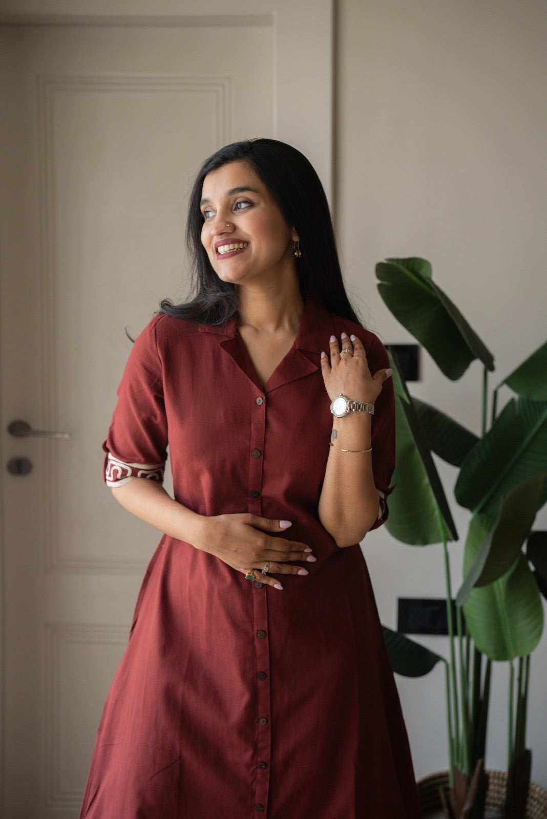 Zavya A-line Embroidered Dress- Brick