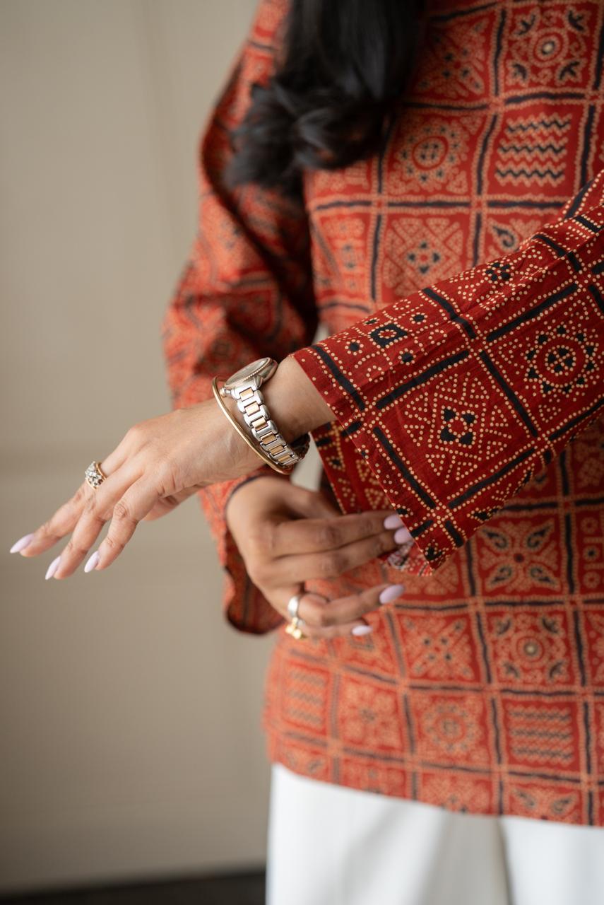 Zia Cotton Short Kurti- Red Bandhej
