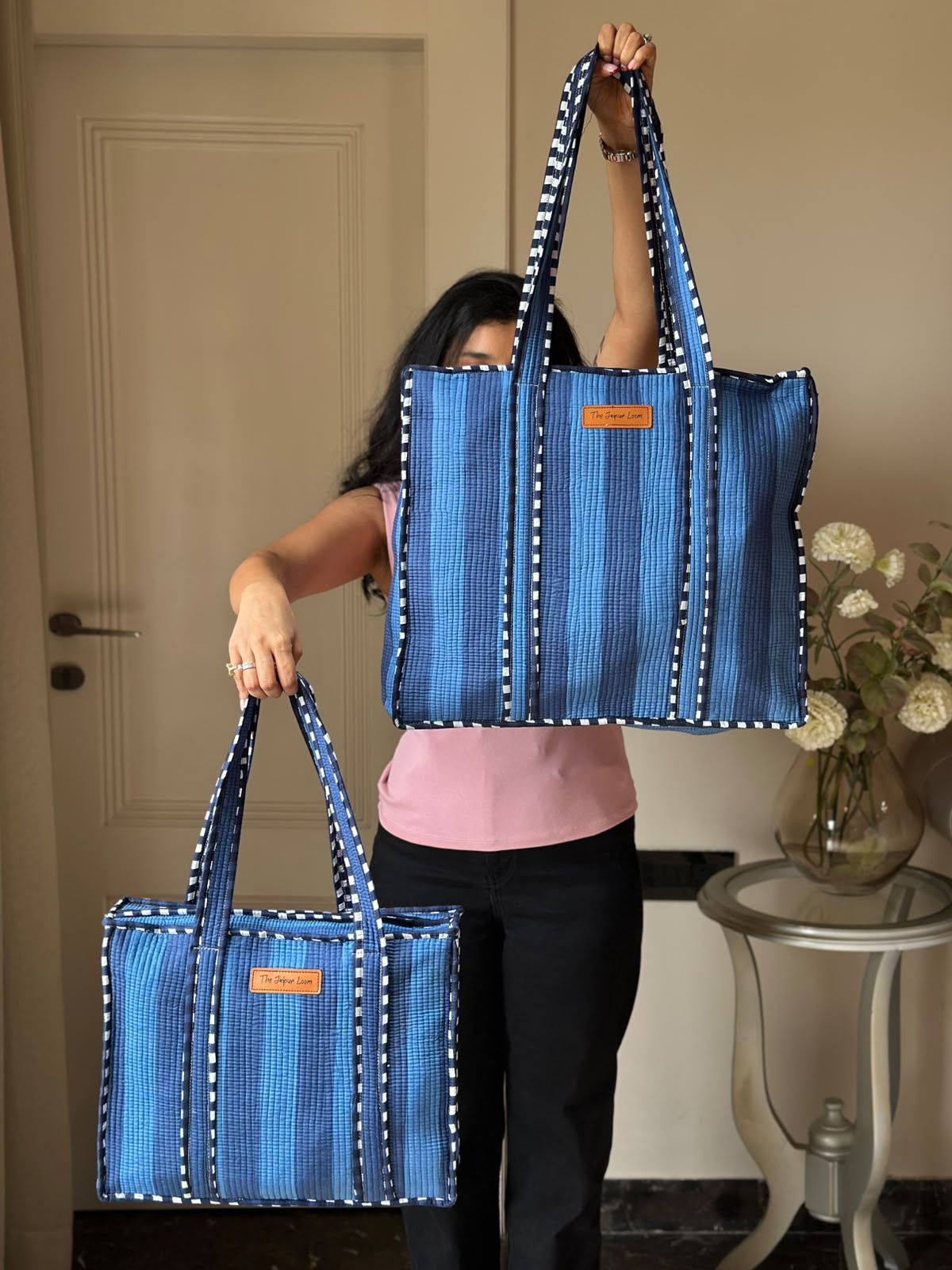 Quilted Tote Bag- Blue Stripes