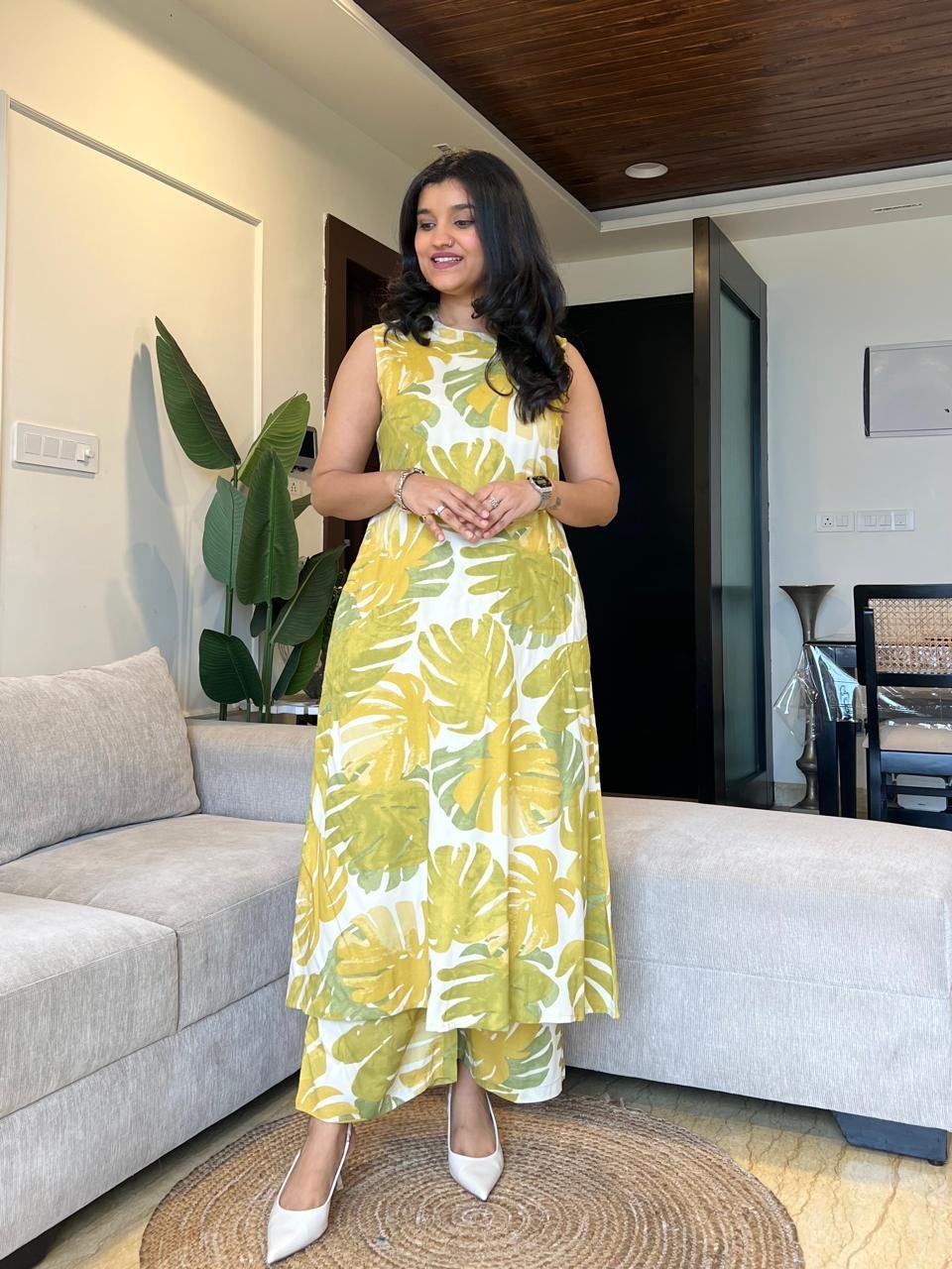 Jasmine Closed Neck Coord Set- Lime Green Tropicals