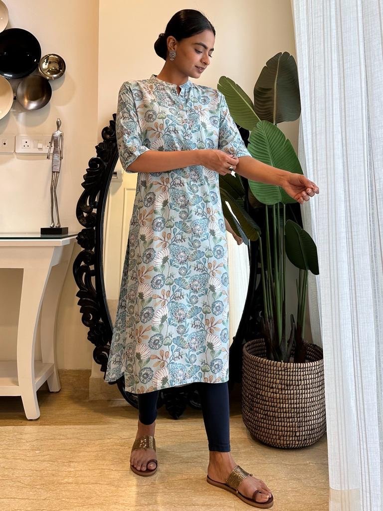 Weekend Rayon Kurta- Sky Blue Floral