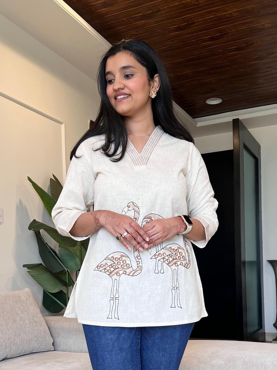 Flamingo Cotton Slub Top- Off White