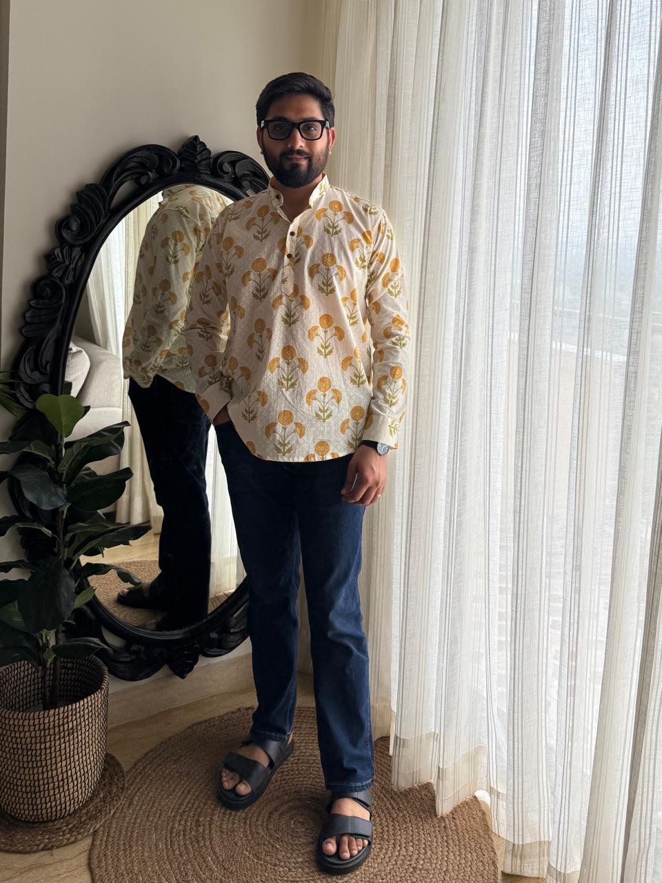 Cotton Men?? Short Kurta- Marigold