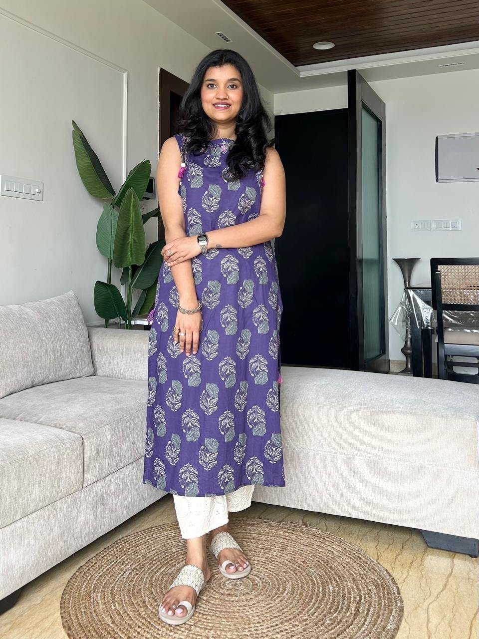 Roshni Sleeveless Cotton Tassel Kurta- Purple Boota