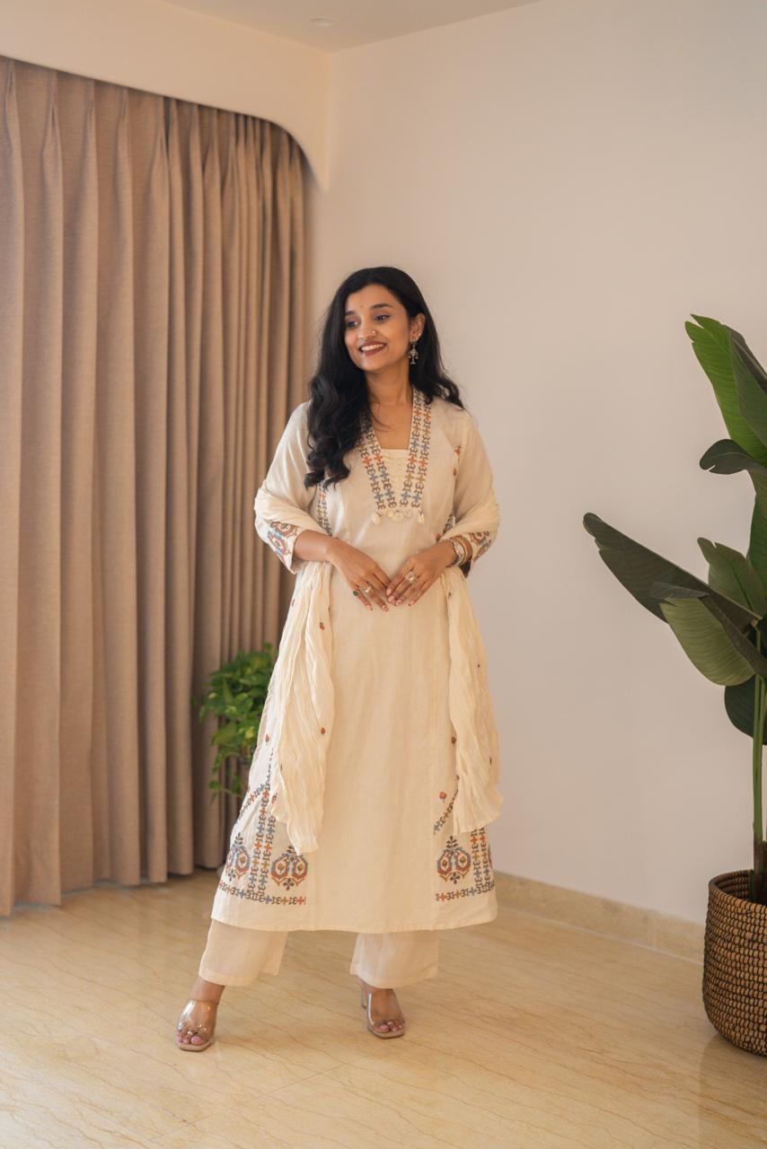 Tamana Embroidered A-line Suit- Off White