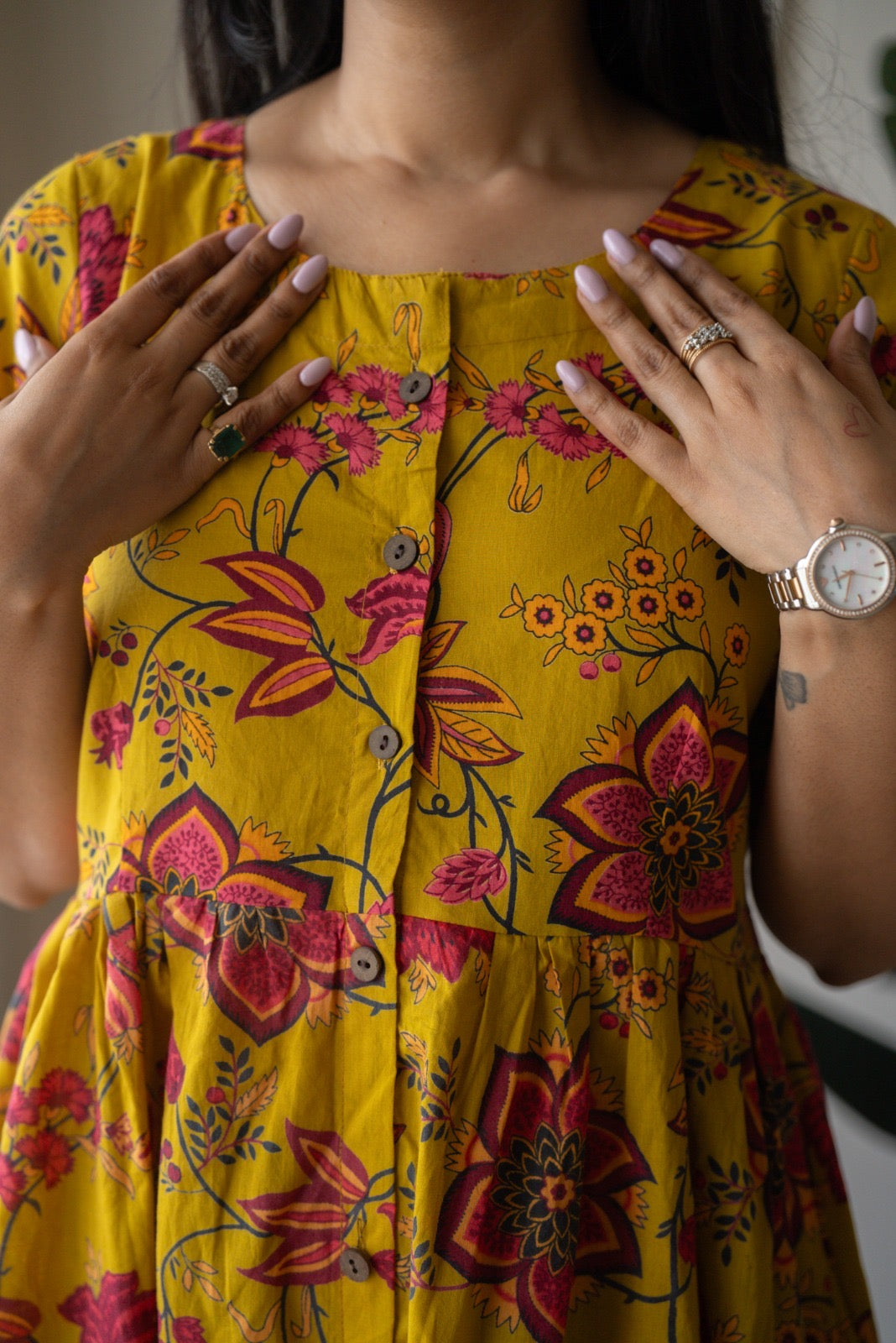 Drishy Maternity Cotton Dress- Mustard Florals