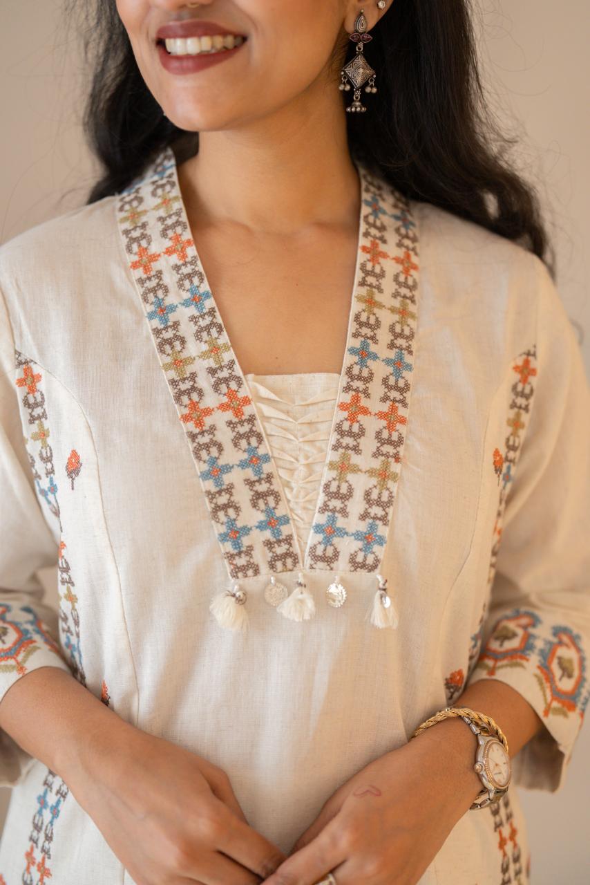 Tamana Embroidered A-line Suit- Off White
