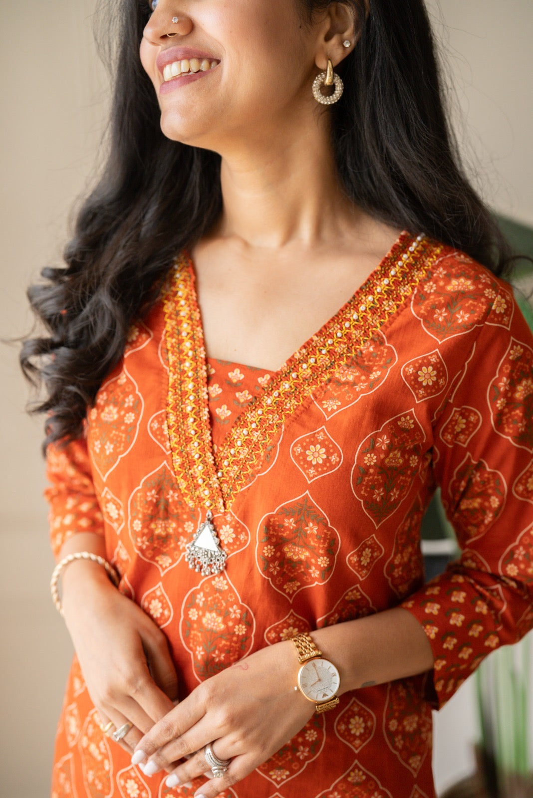 Suryana Cotton Suit- Orange Mehrab