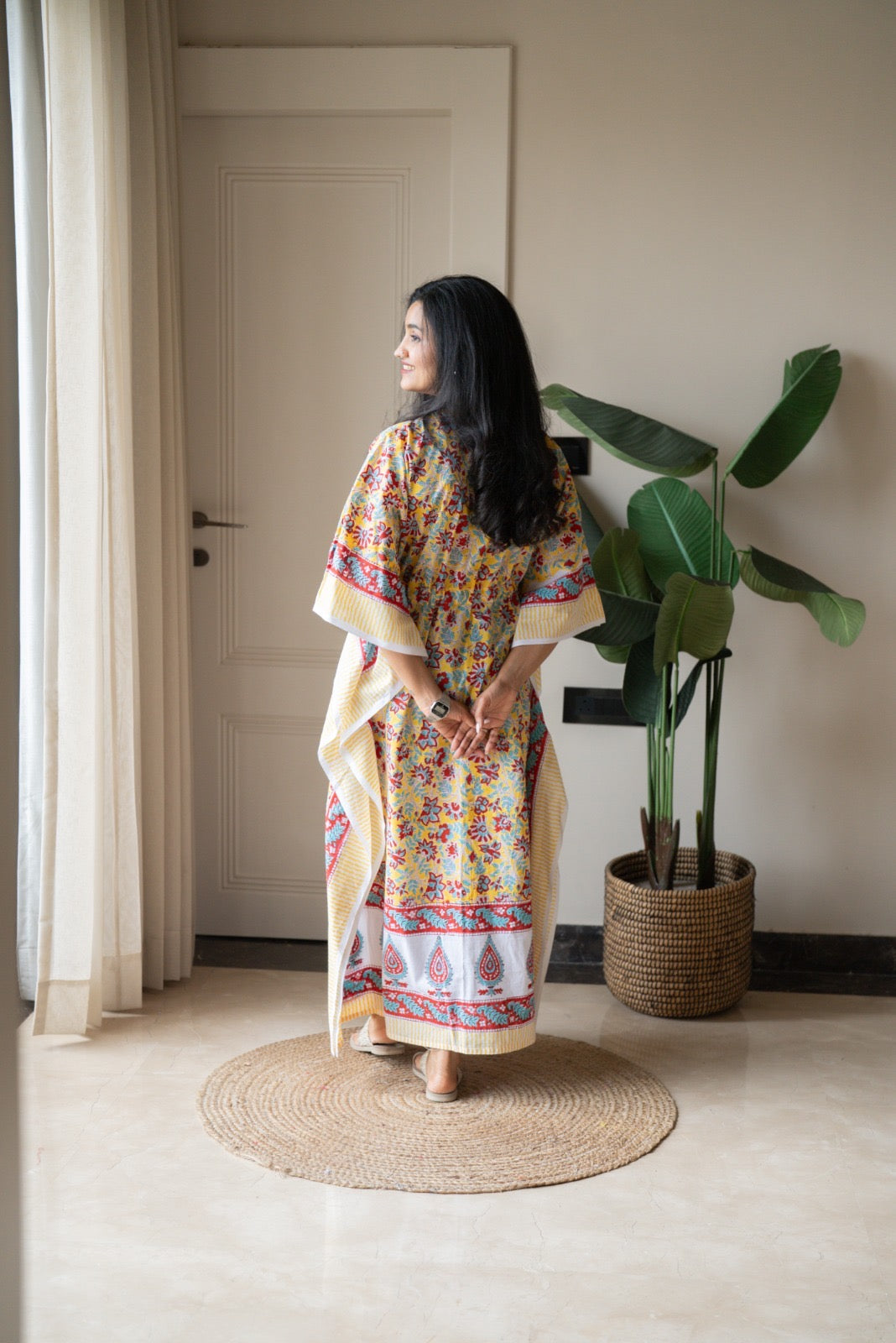 Kashi Block Print Kaftan- Bright Yellow Florals