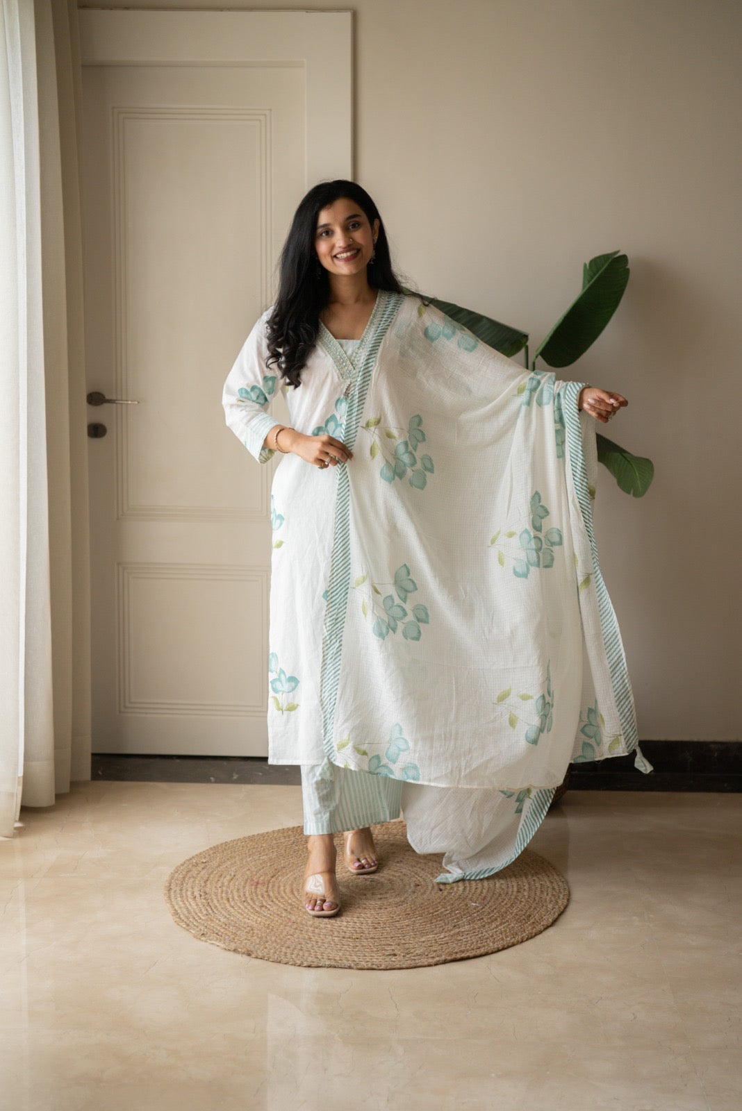 Gusha Cotton Suit- White & Blue