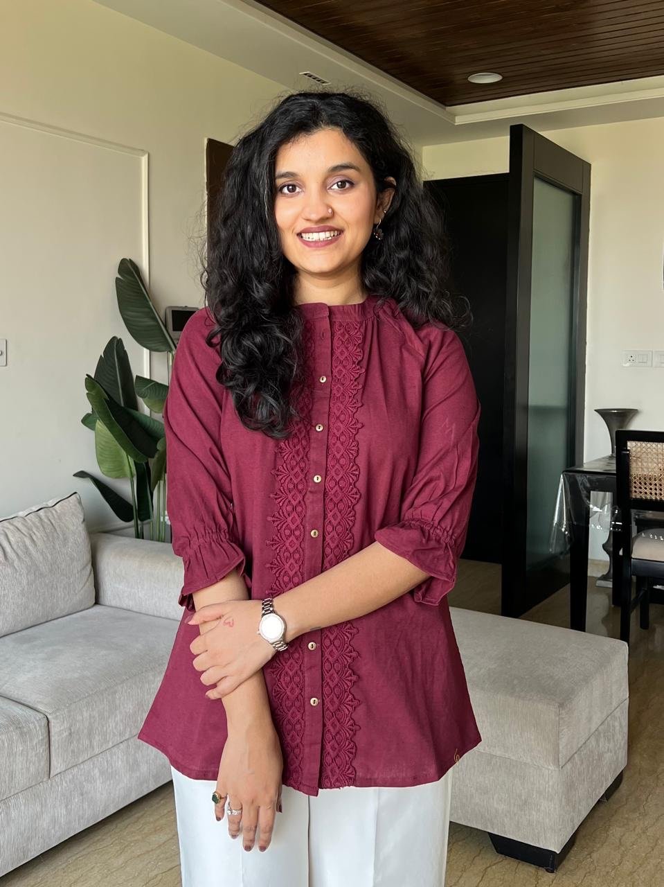 Tisha Cotton Statement Top- Maroon