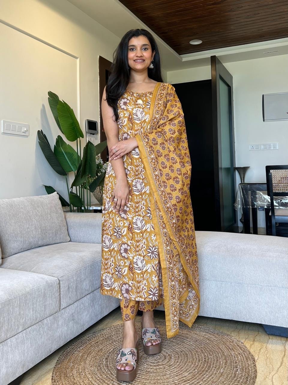 Sharna Block Print Cotton Suit- Mustard
