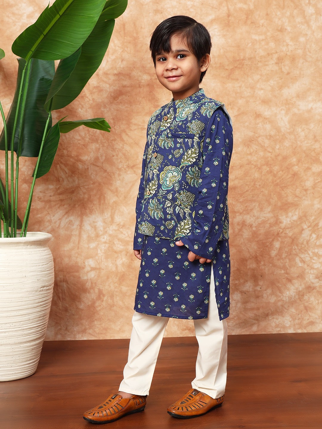 Sitara Boys’ Jacket Set- Blue Mughal Jaal
