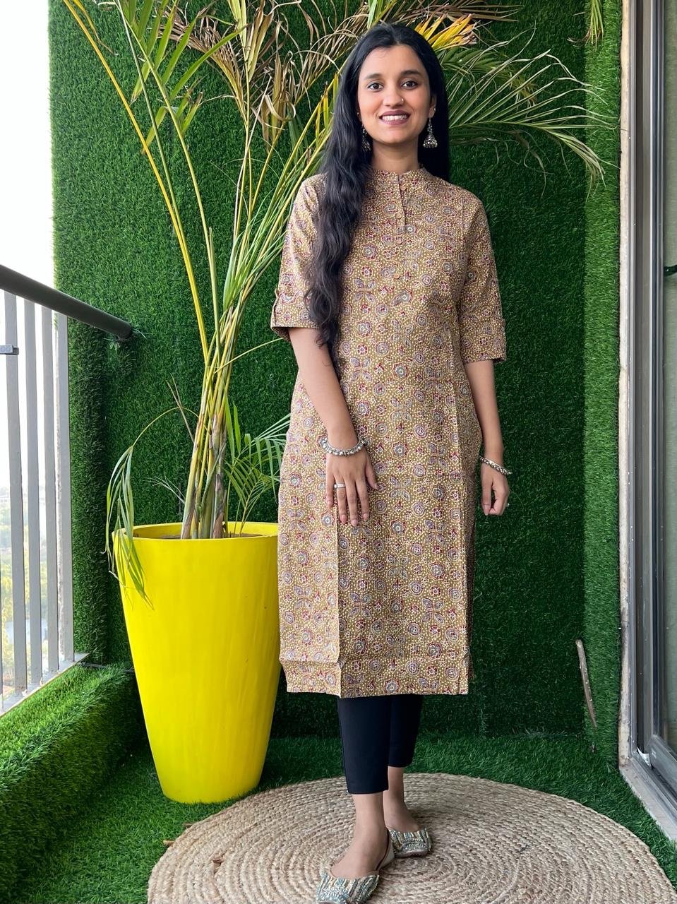 Weekend cotton kurta- Ochre Floral Jaal
