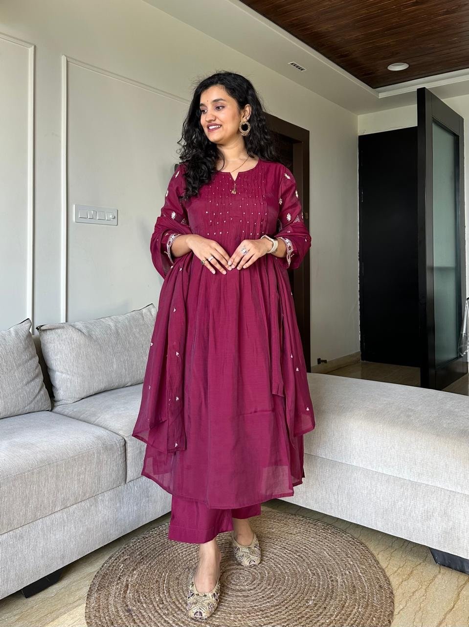 Sajda Mul Chanderi Luxe Set- Wine