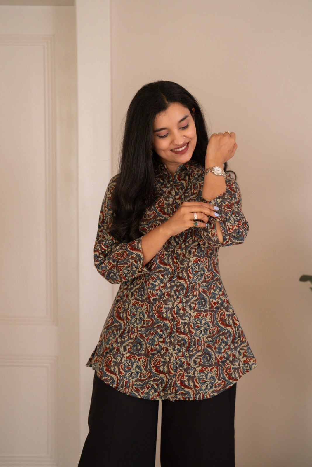 Zora Slub Cotton Shirt- Grey Ajrakh