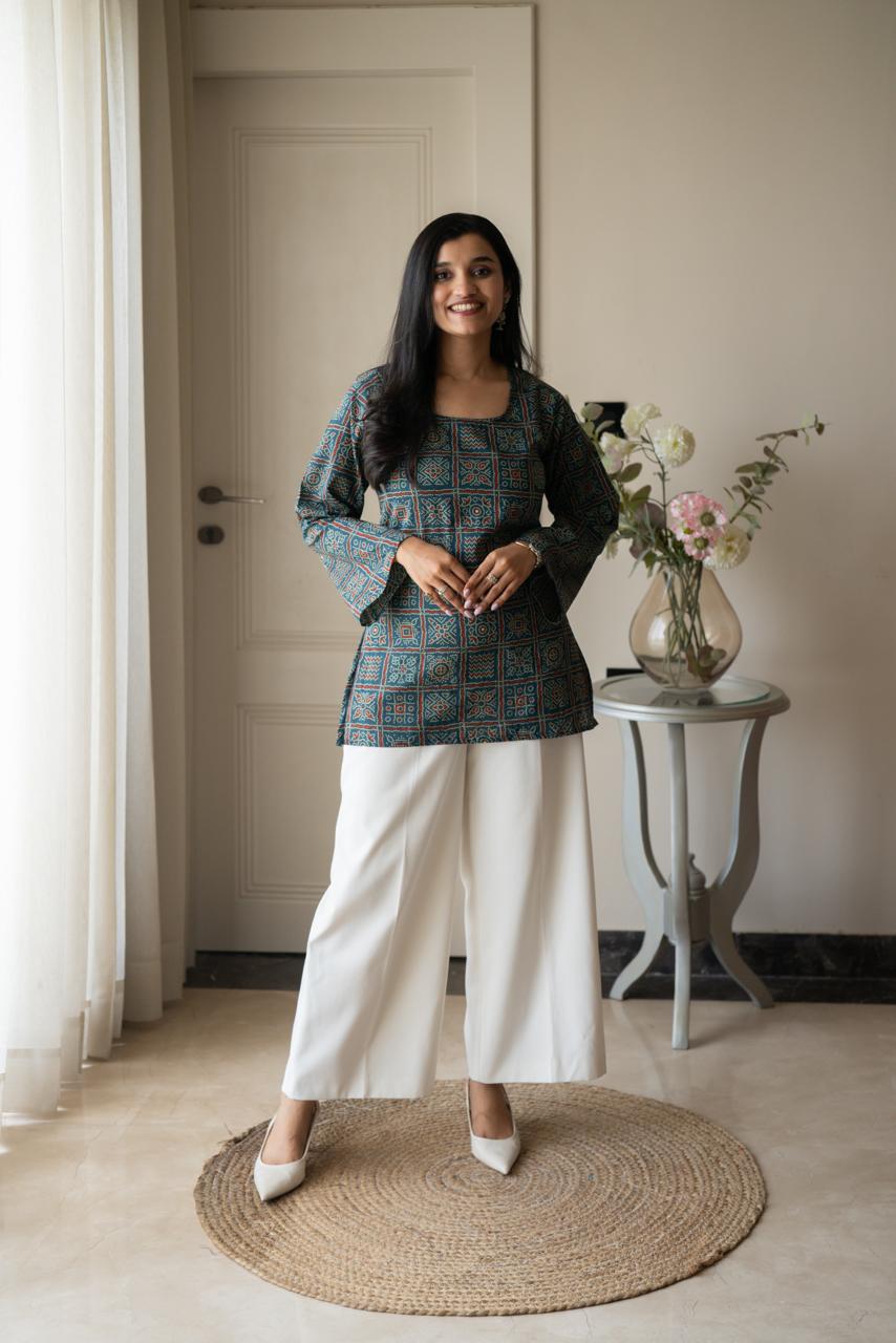 Zia Cotton Short Kurti- Blue Bandhej