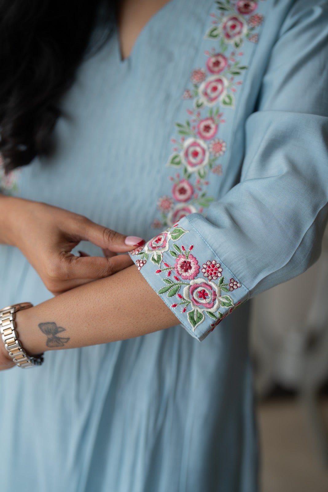 Amber Muslin Embroidered Pant Set- Pastel Blue