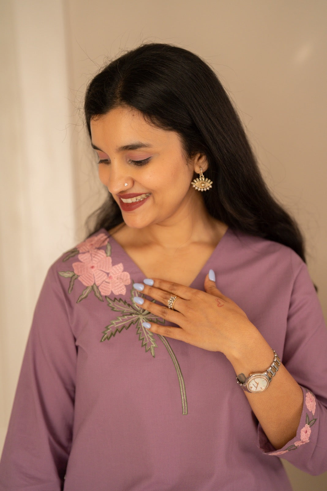 Ginni Embroidered Cotton Coord Set- Purple
