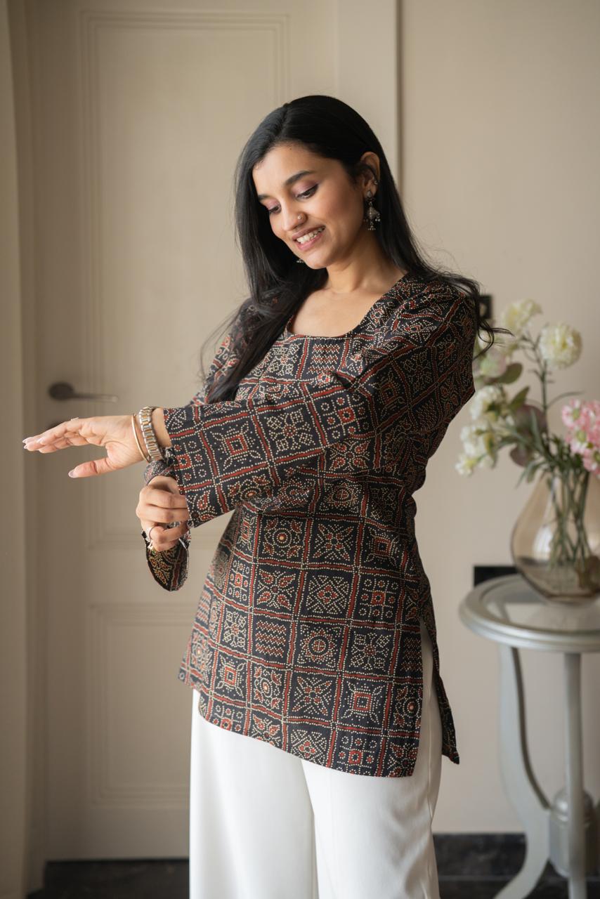 Zia Cotton Short Kurti- Black Bandhej