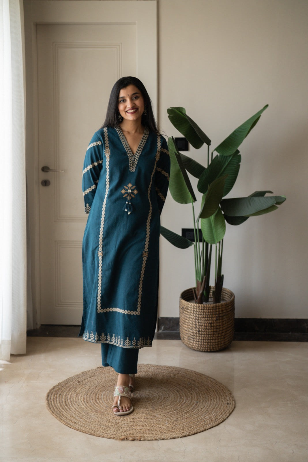 Yogya Elegant Slub Suit- Teal Blue