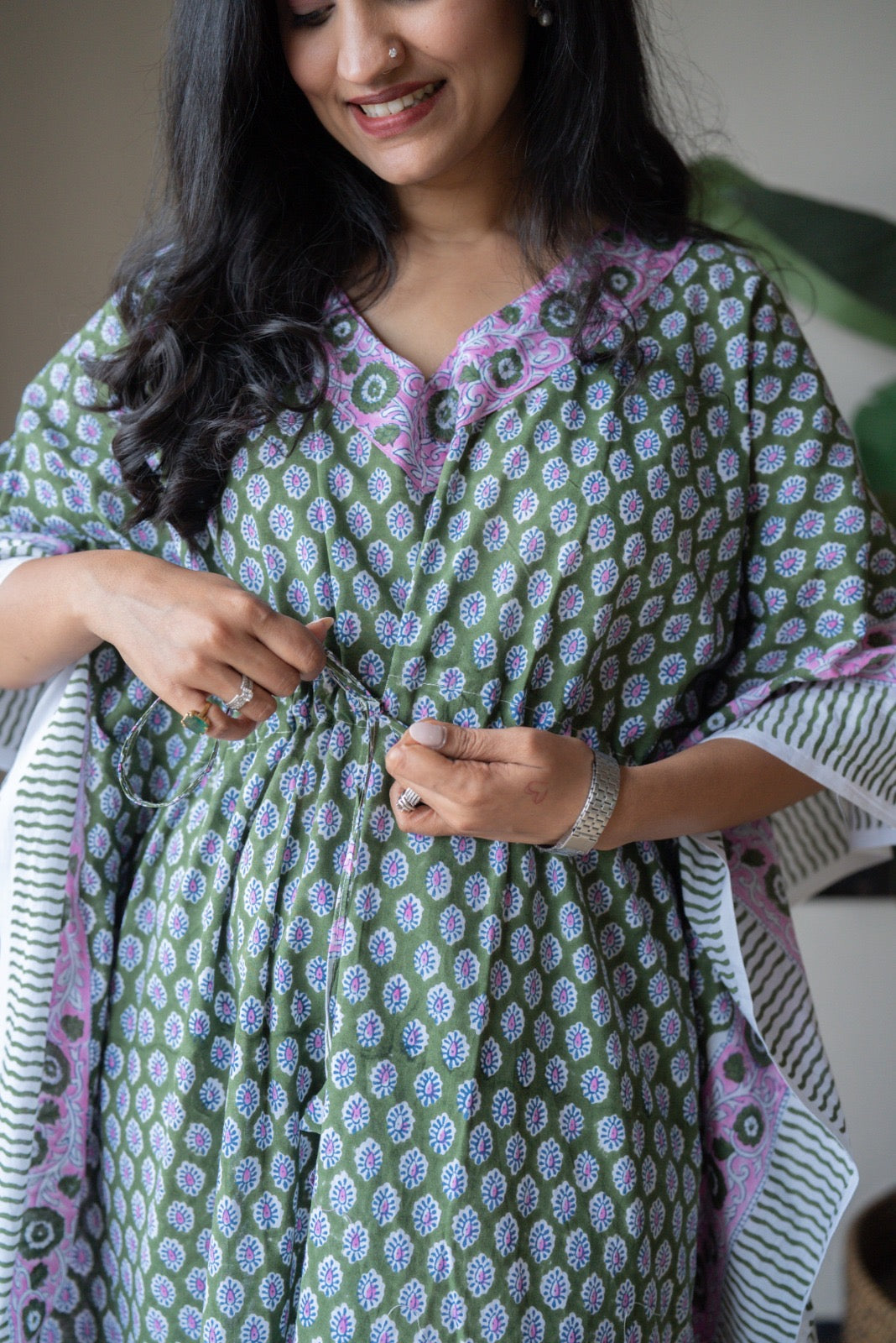 Kashi Block Print Kaftan- Dark Green Booti