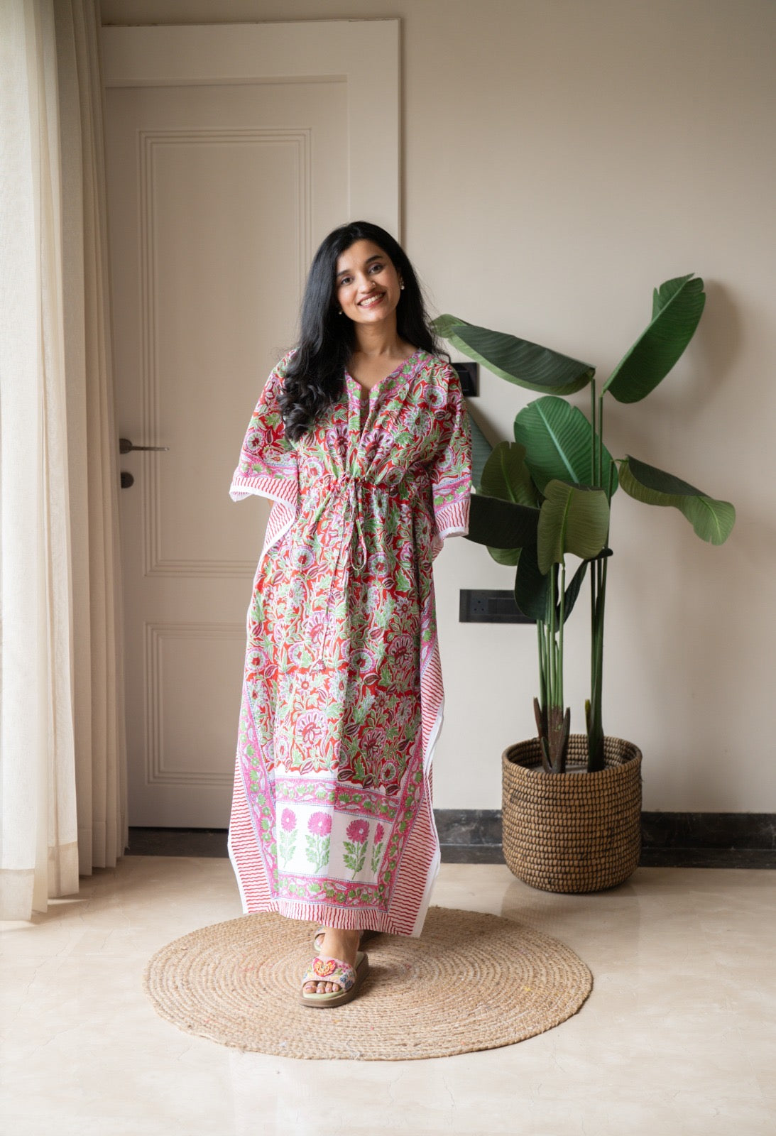 Kashi Block Print Kaftan- Bright Red Jaal