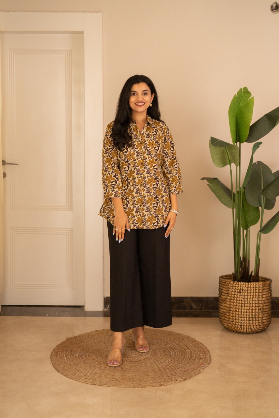 Zora Slub Cotton Shirt- Brown Leaves