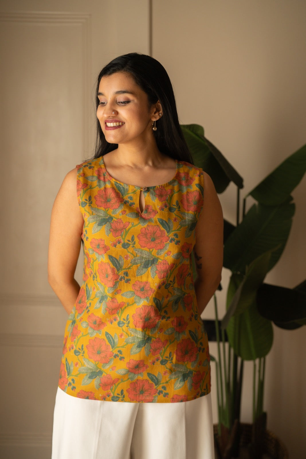 Lily 2.0 Sleeveless Cotton Top- Mustard Florals