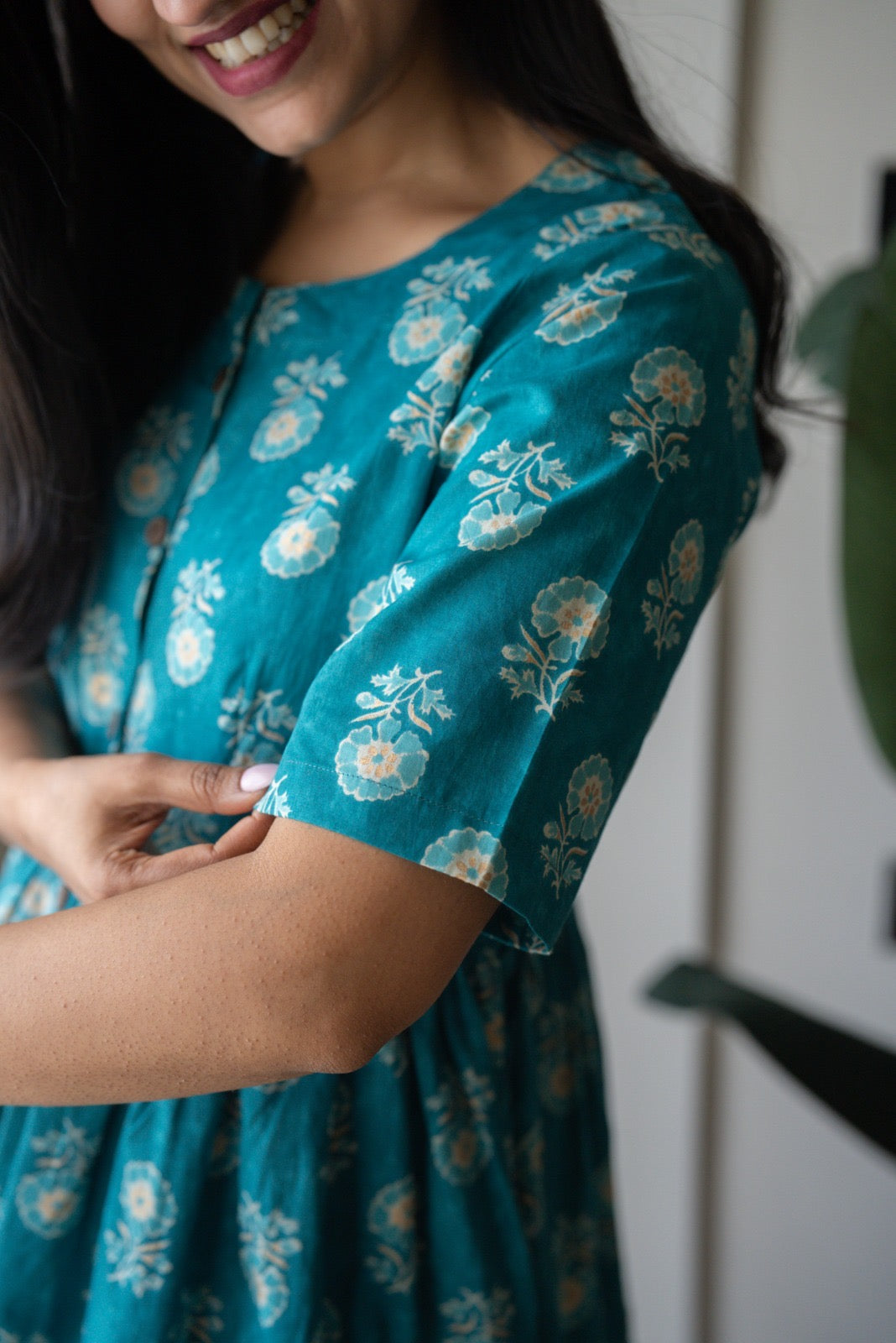 Drishy Maternity Cotton Dress- Blue Booti