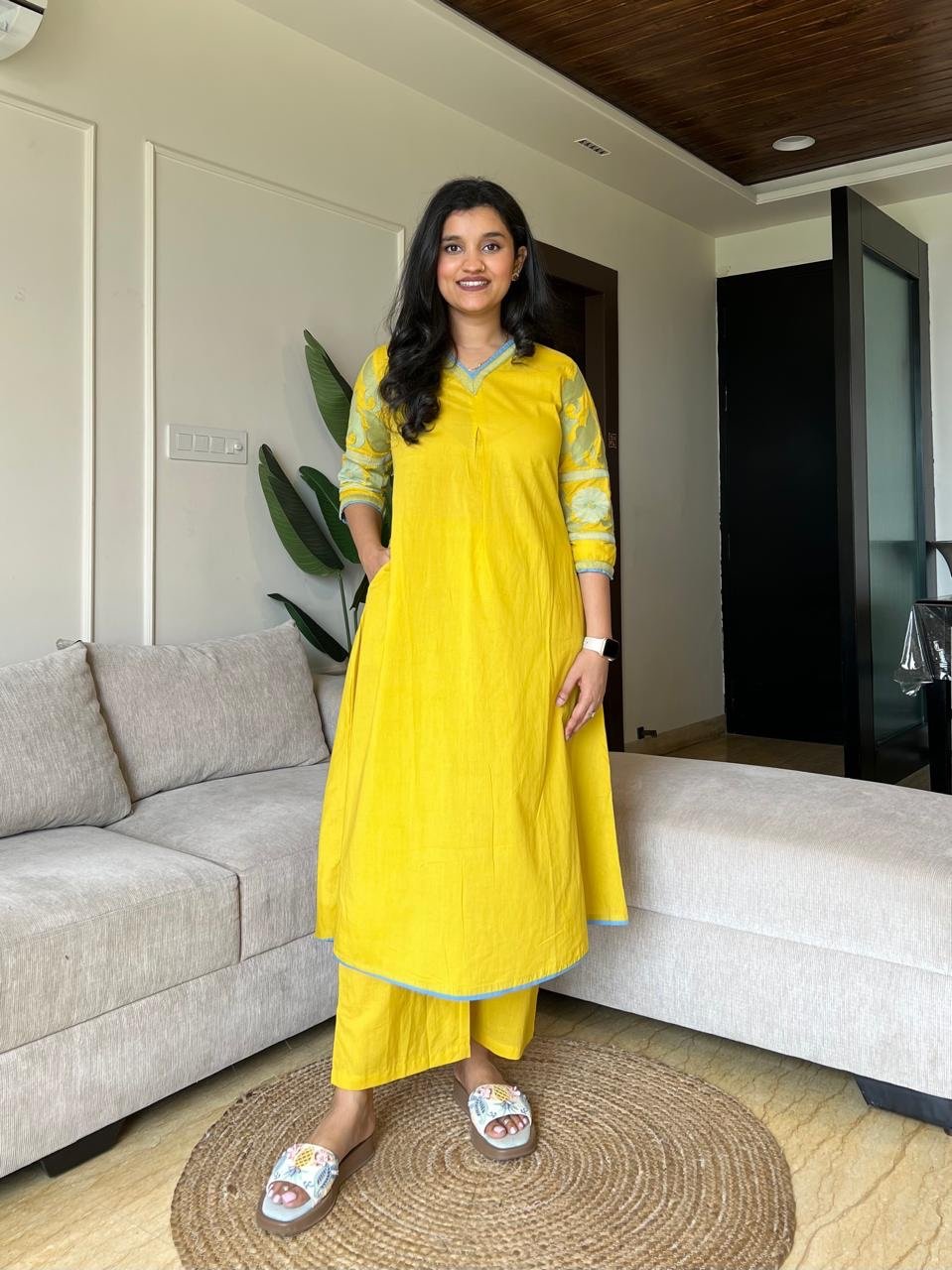 Krisha Embroidered Cotton Set- Yellow