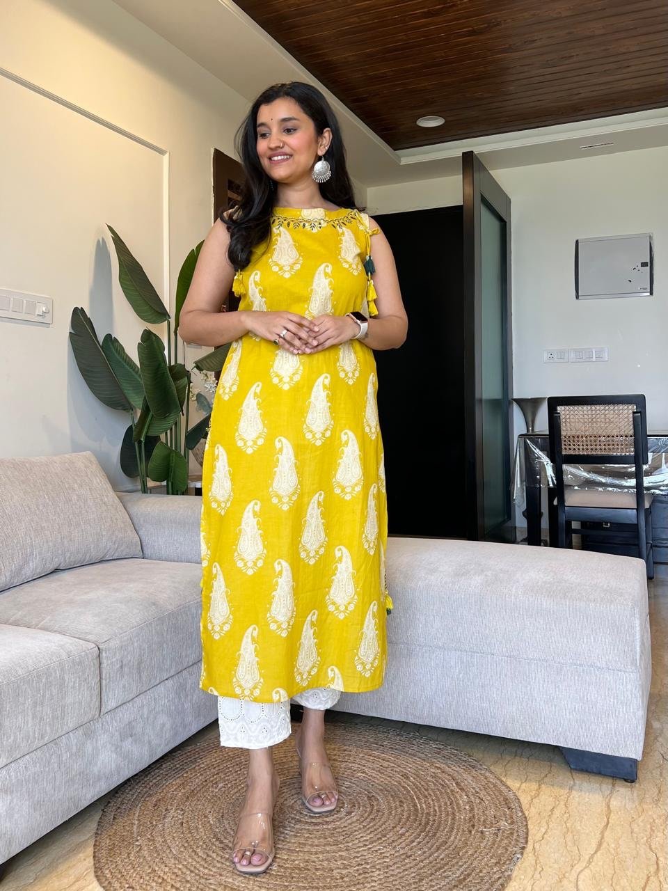 Roshni Sleeveless Cotton Tassel Kurta- Yellow
