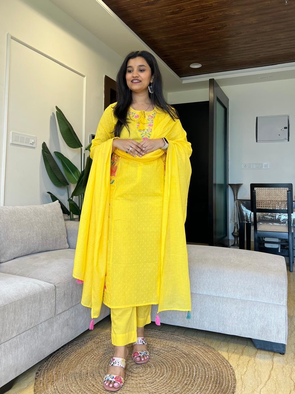 Sosha Embroidered Cotton Suit- Yellow