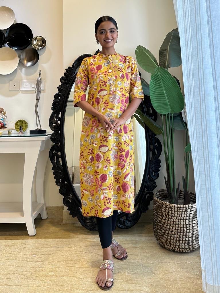 Weekend Cotton Kurta- Yellow Big Floral Bel