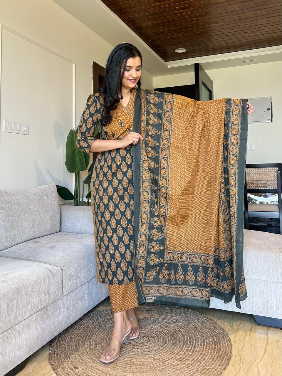 Nisha Ajrakh Angrakha Cotton Set- Mustard Green