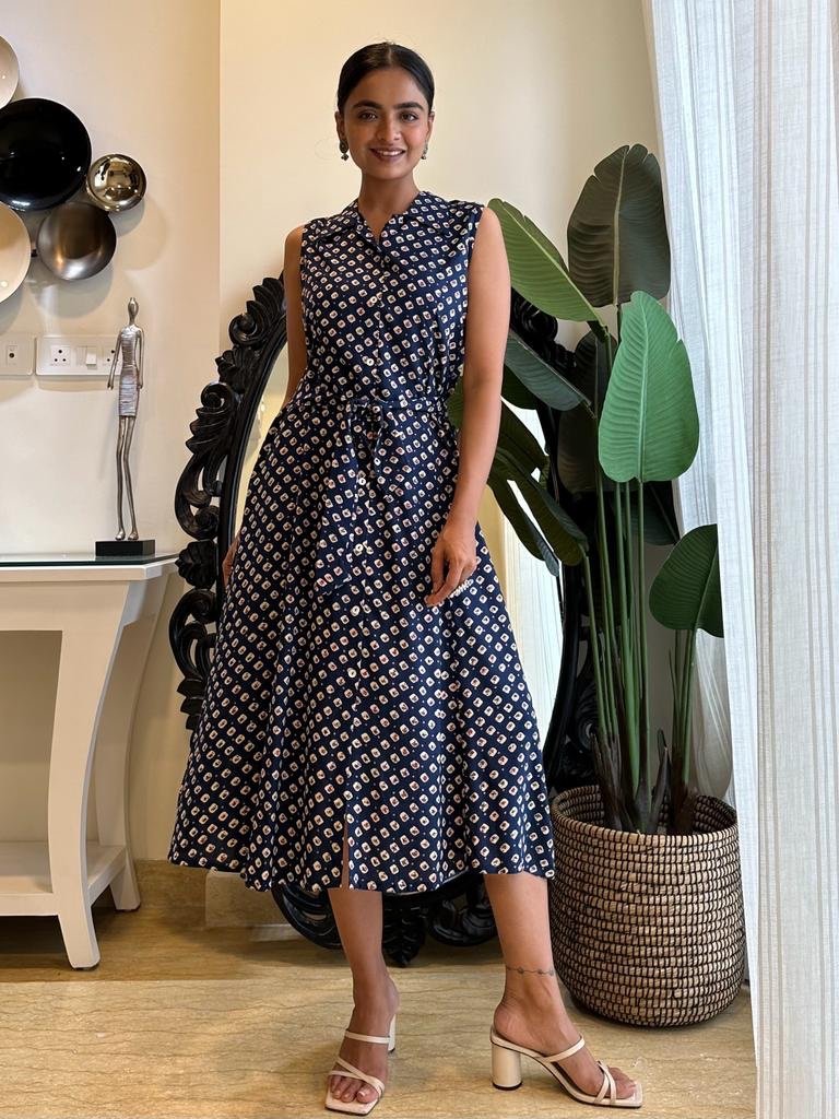 Navy Booti Dress With Pocket