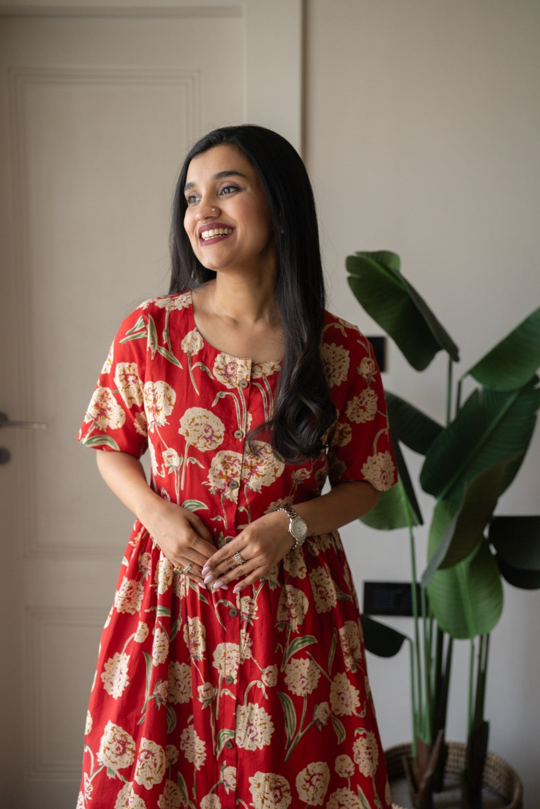 Drishy Maternity Cotton Dress- Red Florals