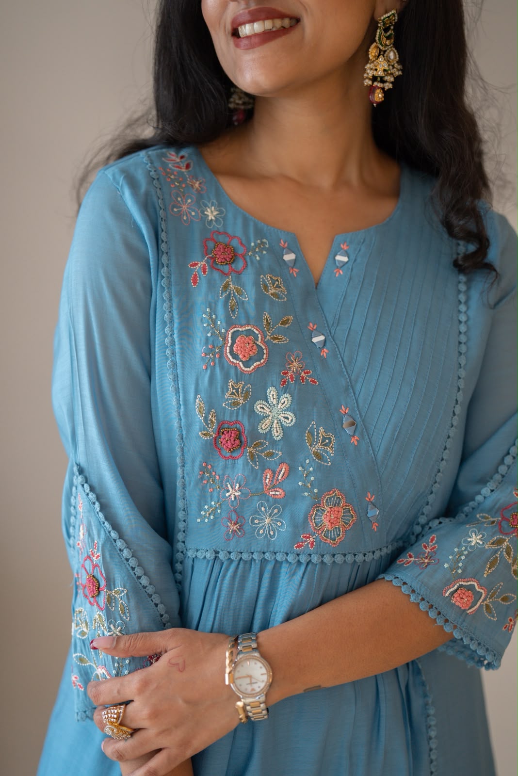 Aaina Embroidered Mul Chanderi Suit- Sky Blue