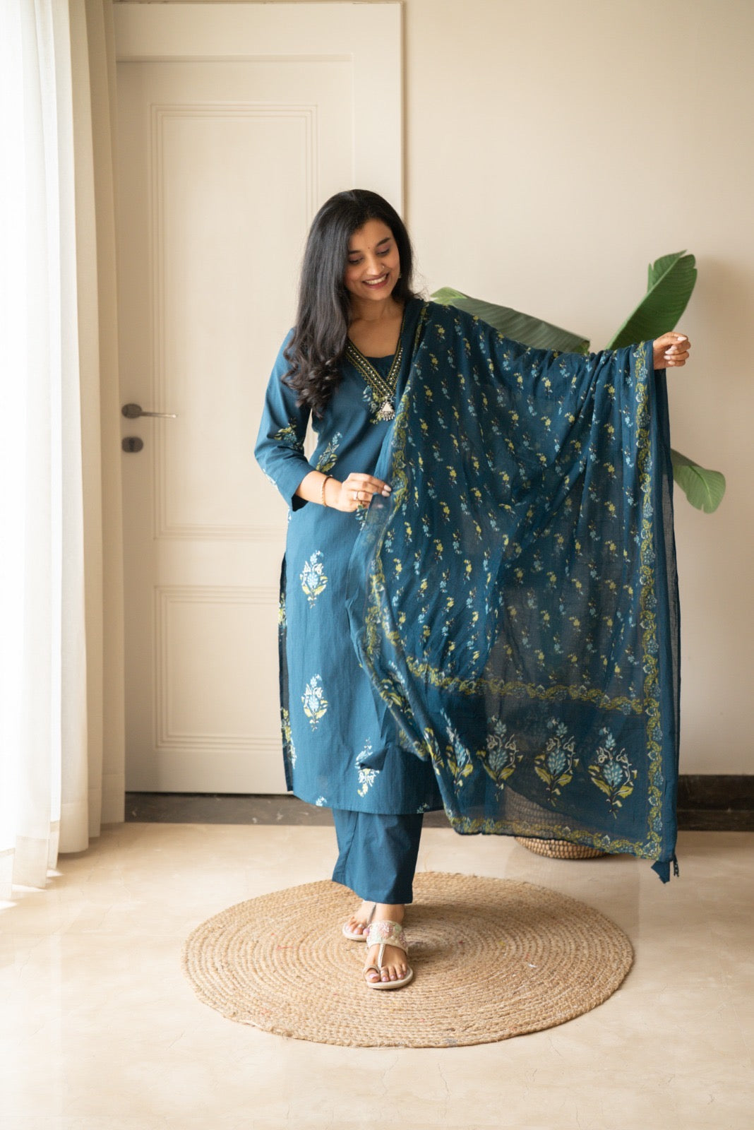 Zasha Cotton Suit- Teal Boota