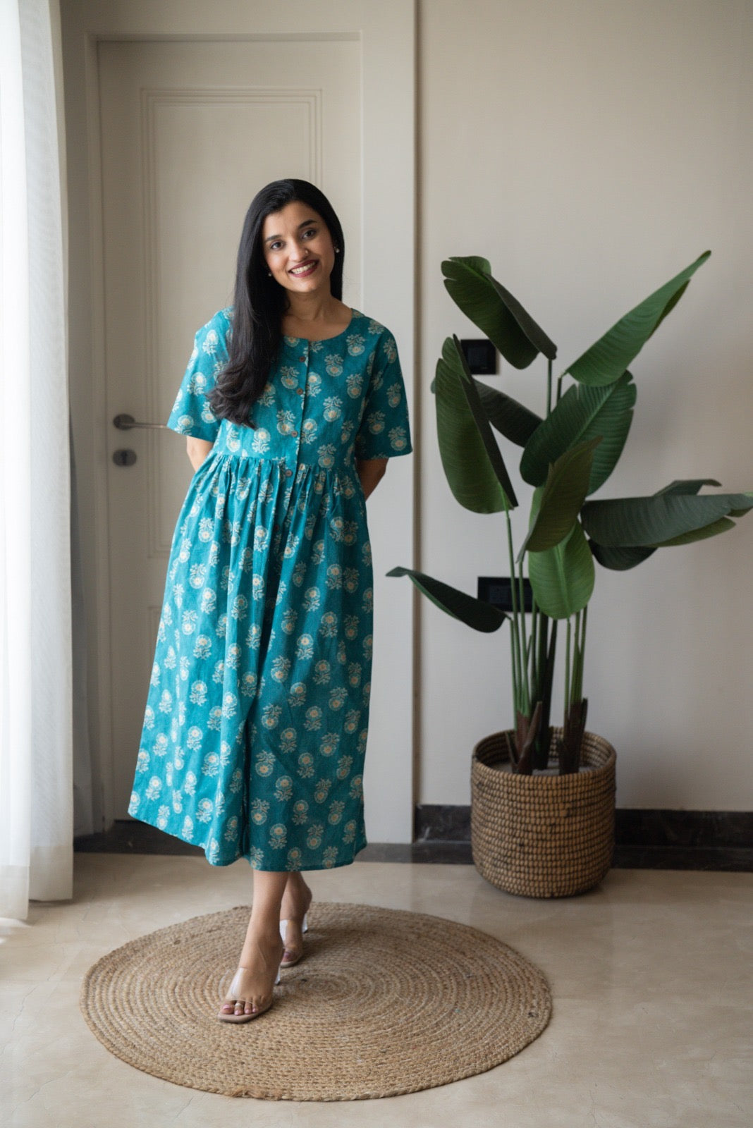 Drishy Maternity Cotton Dress- Blue Booti
