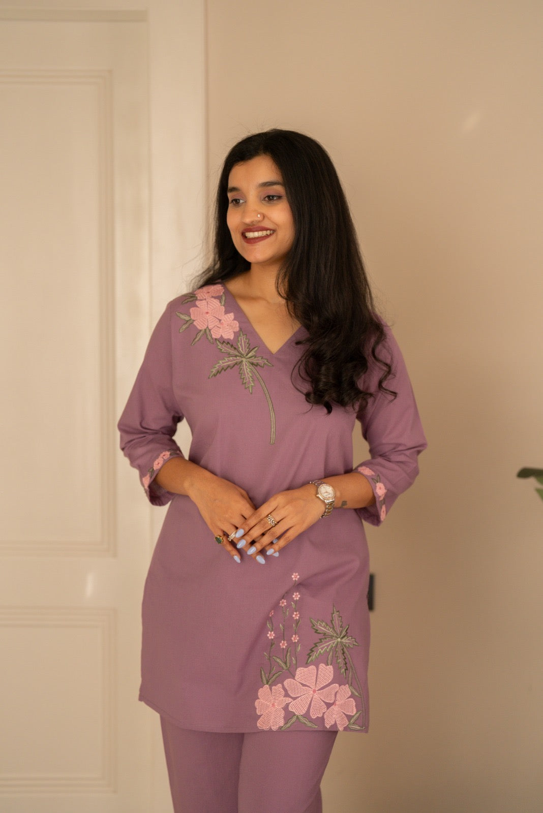 Ginni Embroidered Cotton Coord Set- Purple