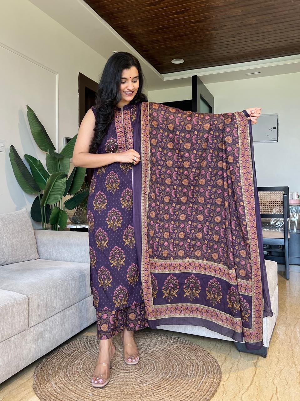 Nihaar Floral Sleeveless Set- Purple