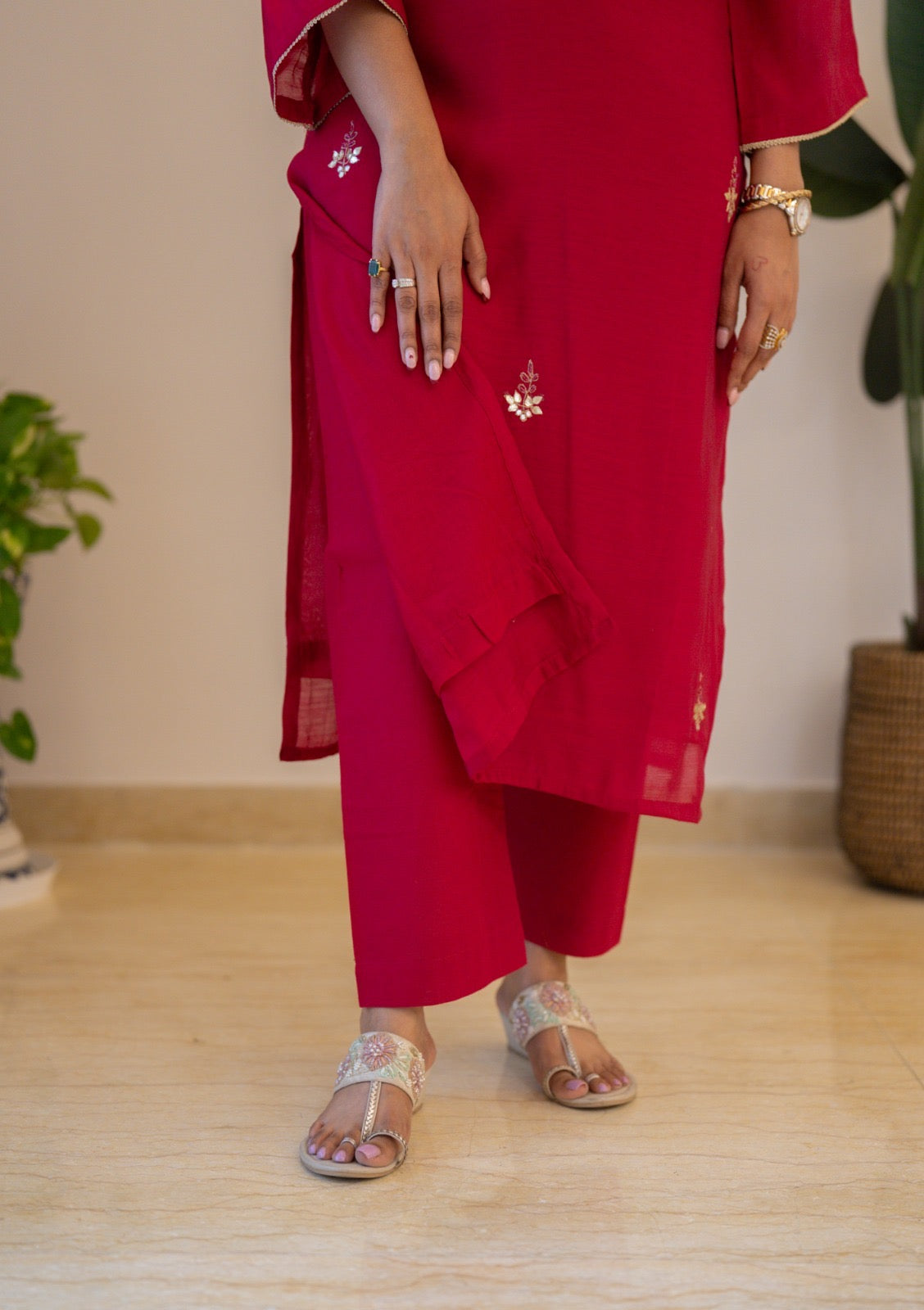 Samia Mul Chanderi Printed Dupatta Set- Dark Pink