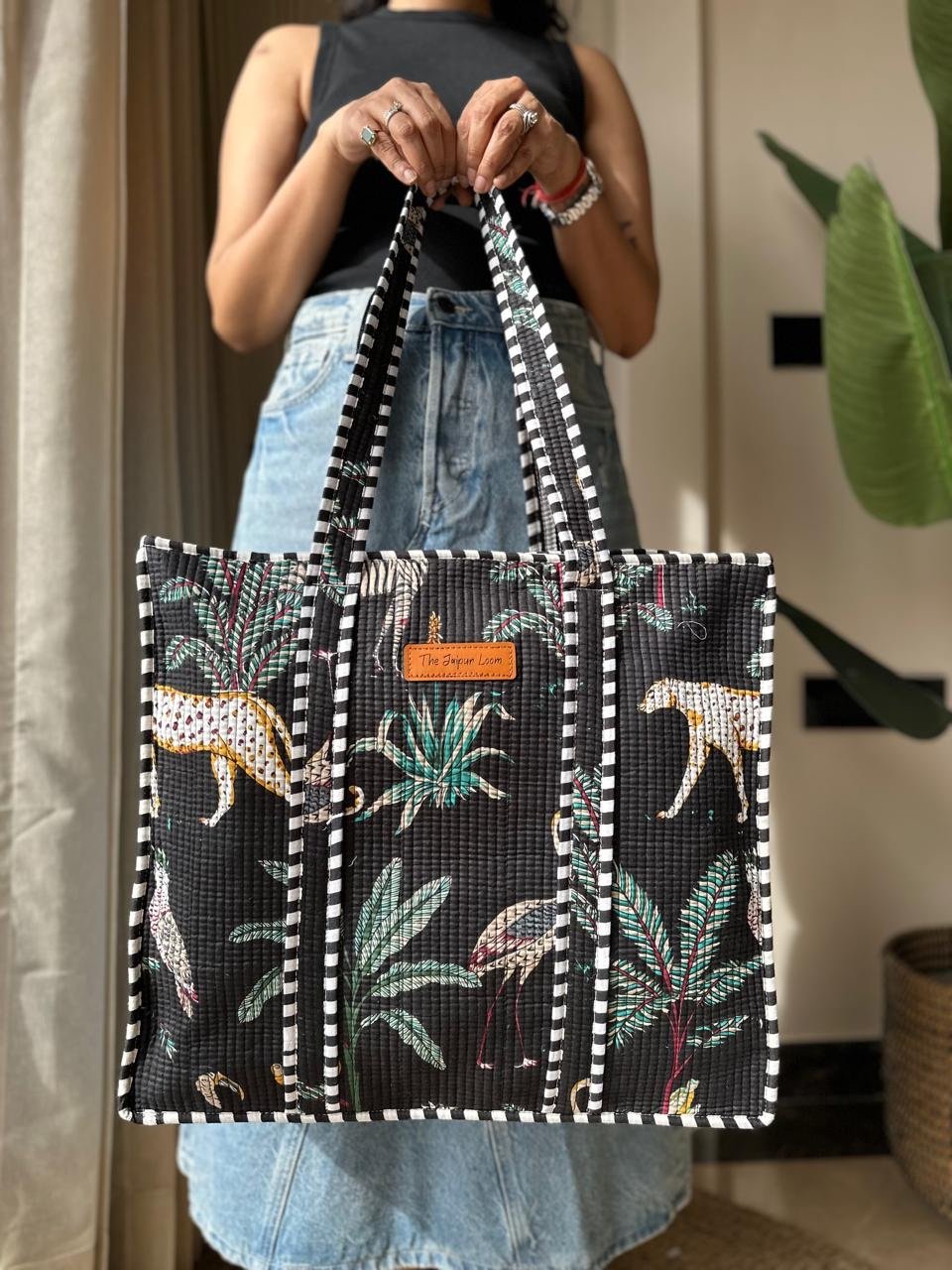 Quilted Tote Bag- Black Jungle