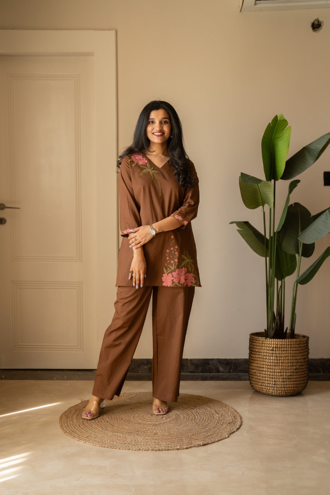 Ginni Embroidered Cotton Coord Set- Brown