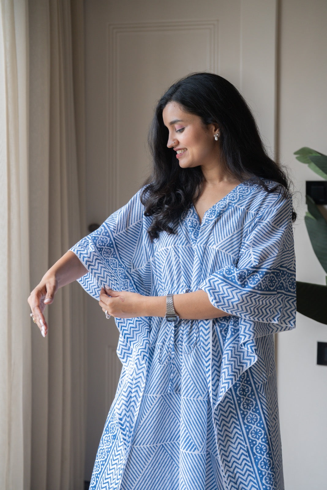 Kashi Block Print Kaftan- Indigo Stripes