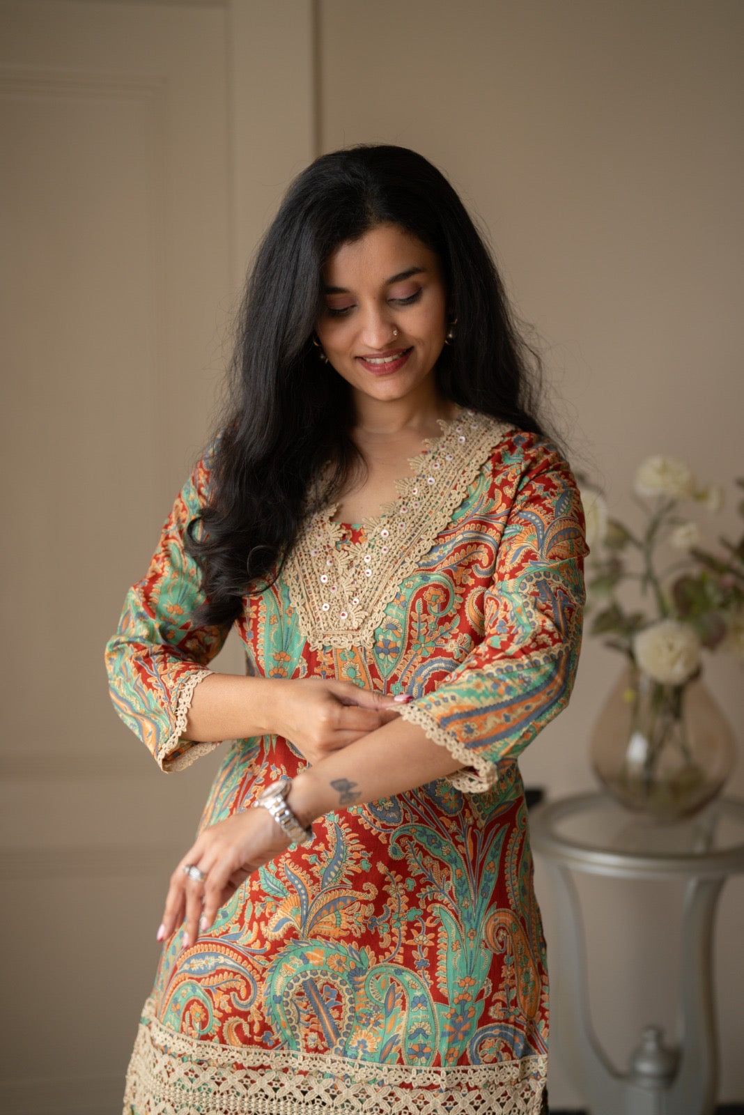 Nitara Farshi Lace Coord Set- Maroon