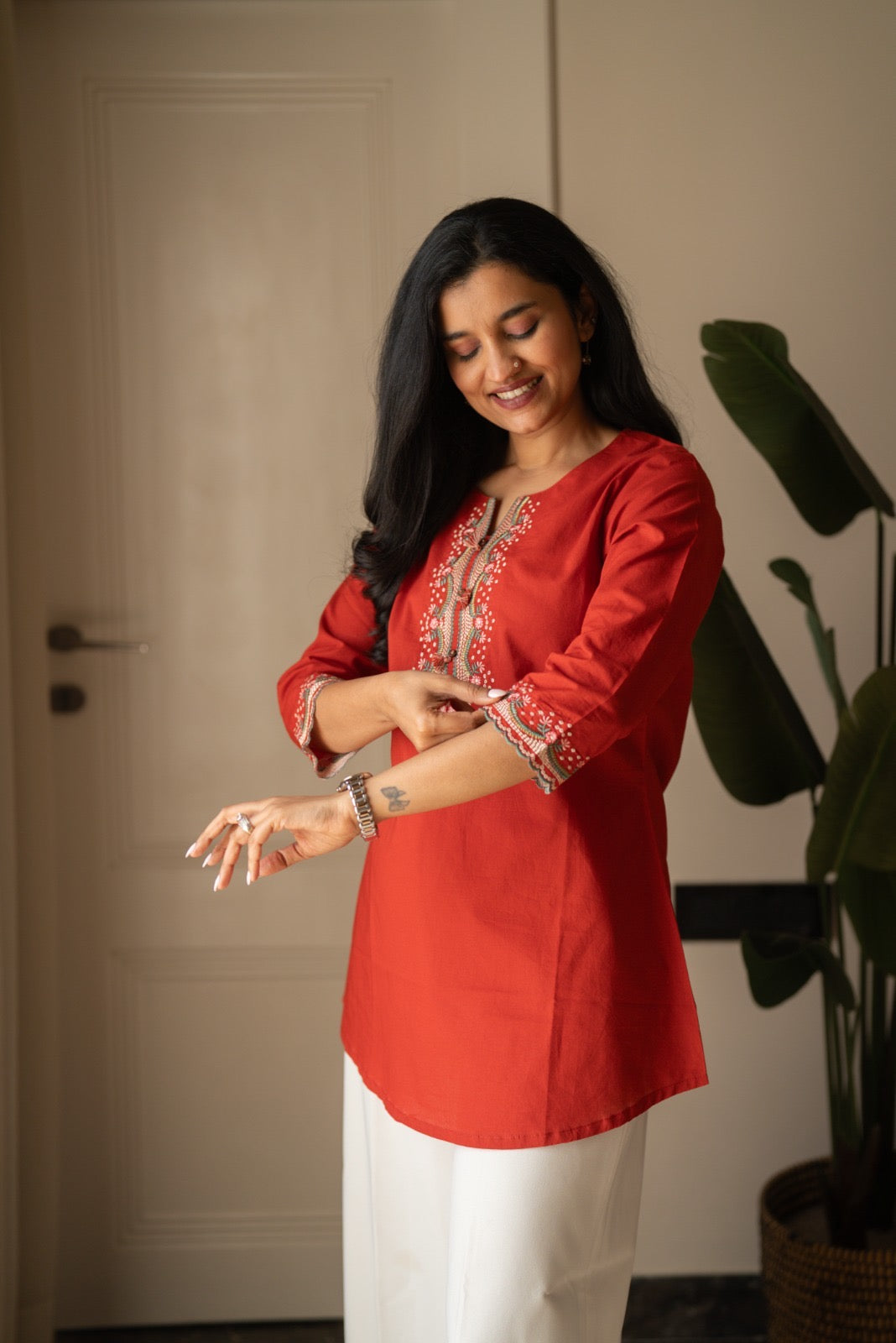 Roma Embroidered Cotton Top- Rust