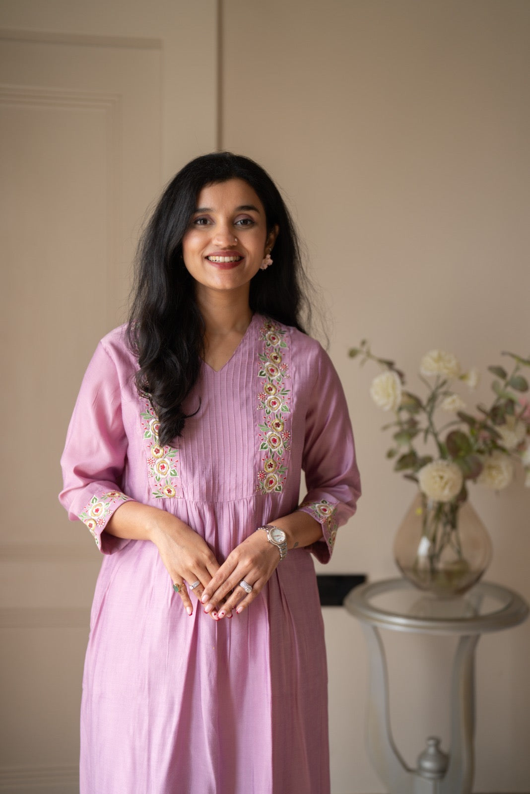 Amber Muslin Embroidered Pant Set- Pastel Pink